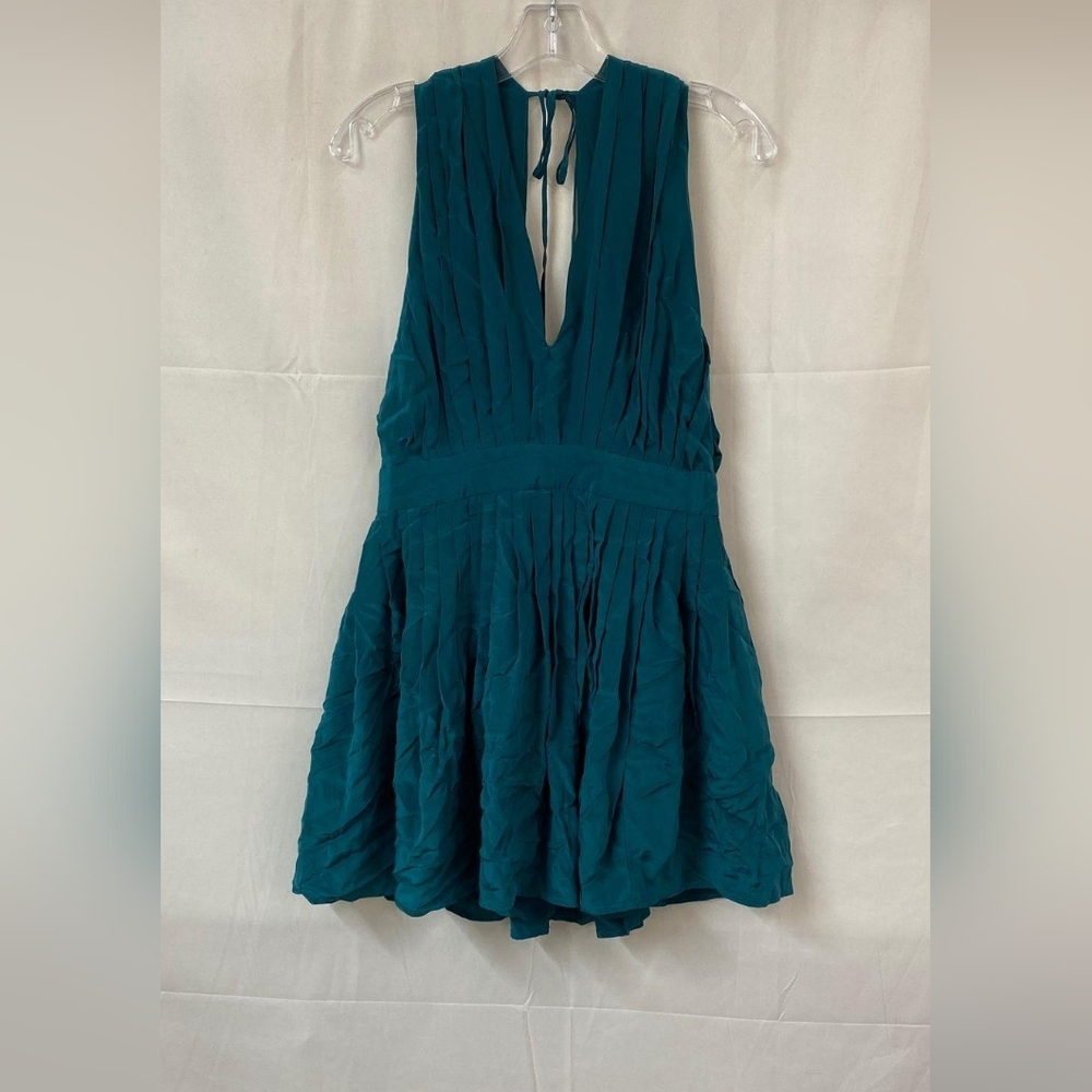 EVER Teal Sleeveless Pleated Lined Open Back Silk Dress